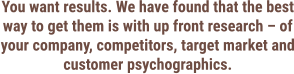 You want results. We have found that the best way to get them is with up front research – of your company, competitors, target market and customer psychographics.